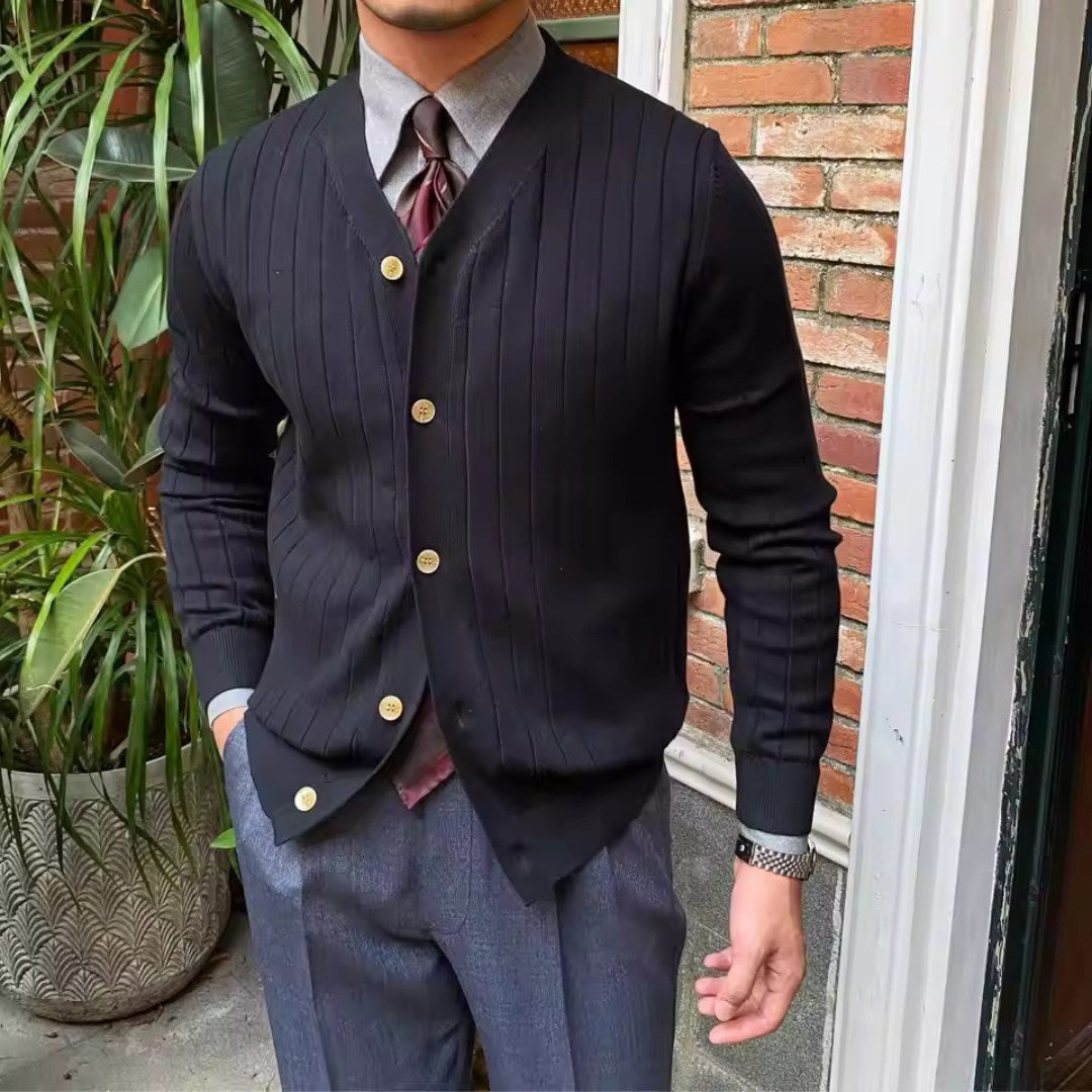 Pleated Cardigan with Brass Button Detail