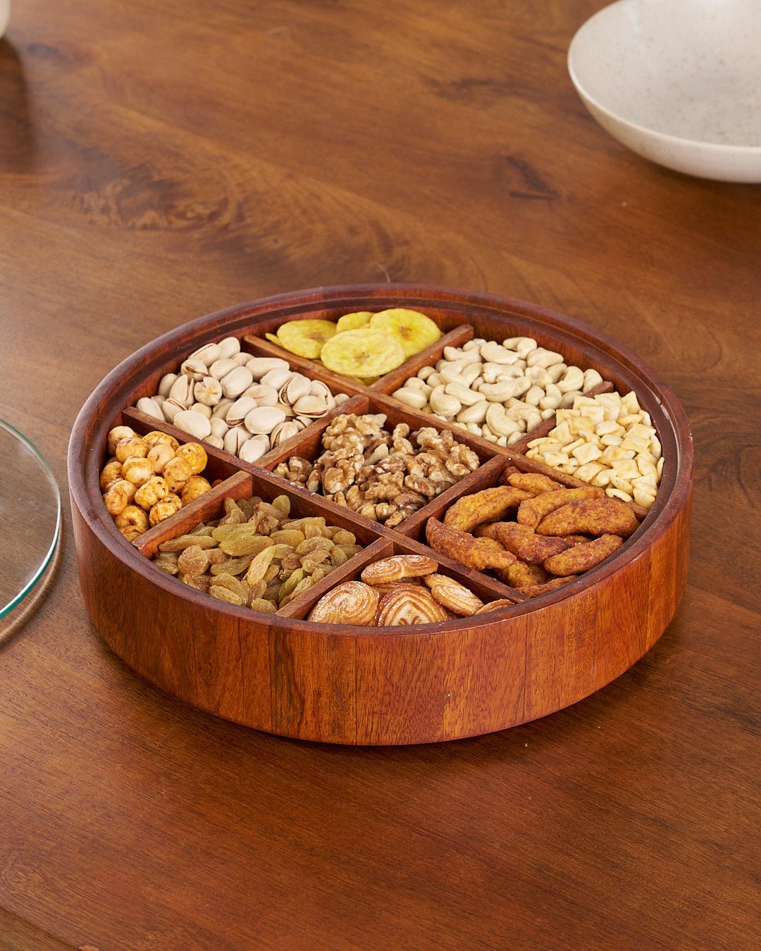 BowLift | BambooSpin – 9-Compartment Serving Tray with Rotating Lid | Premium Bamboo Snack Platter