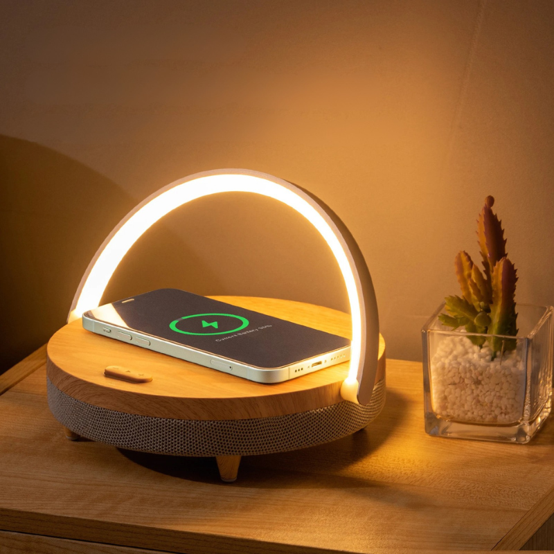 BowLift | Multifunctional Wooden Table Lamp with Bluetooth Speaker & Wireless Charger