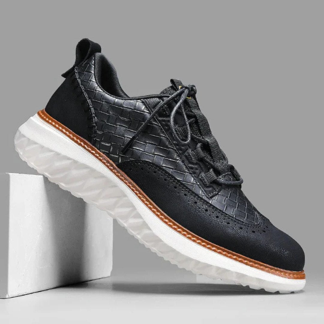 Woven Leather Sneakers with Brogue Detailing and Contrast Sole