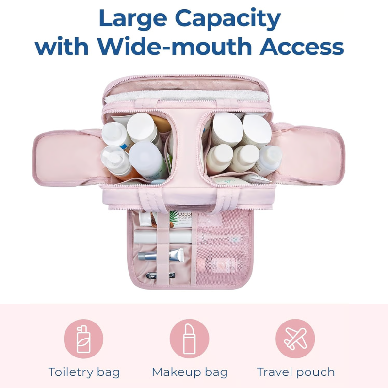 BowLift | Women’s Travel Toiletry Bag | Waterproof Lining | 4 Compartments | Upright Full-Open Design | 11 × 6.3 × 9.4 in
