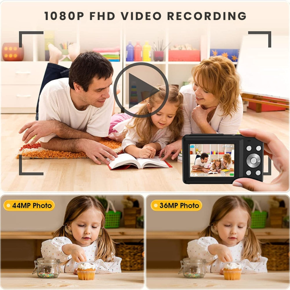 BowLift | Portable Digital Camera 1080P 44MP with 16X Zoom – Compact Vlogging Camera with LCD Screen, Rechargeable, Perfect for Teens and Students