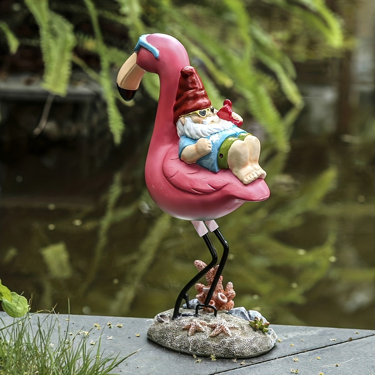 BowLift | Flamingo relaxing garden gnome statue