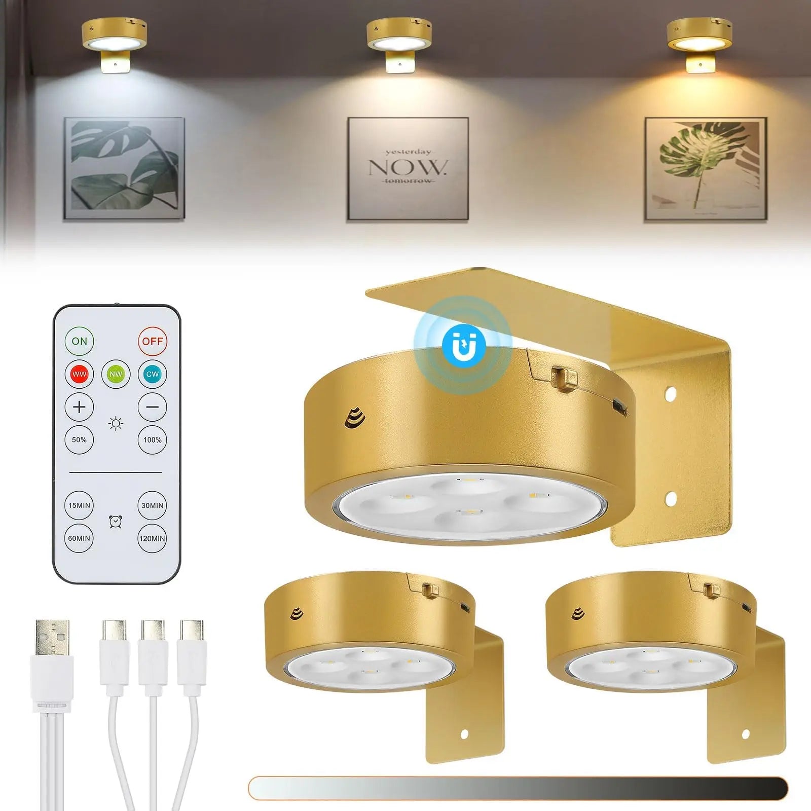 BowLift | 2 + 1 | Wireless Picture Lights – No Drilling, Rechargeable, Color Change with Remote Control