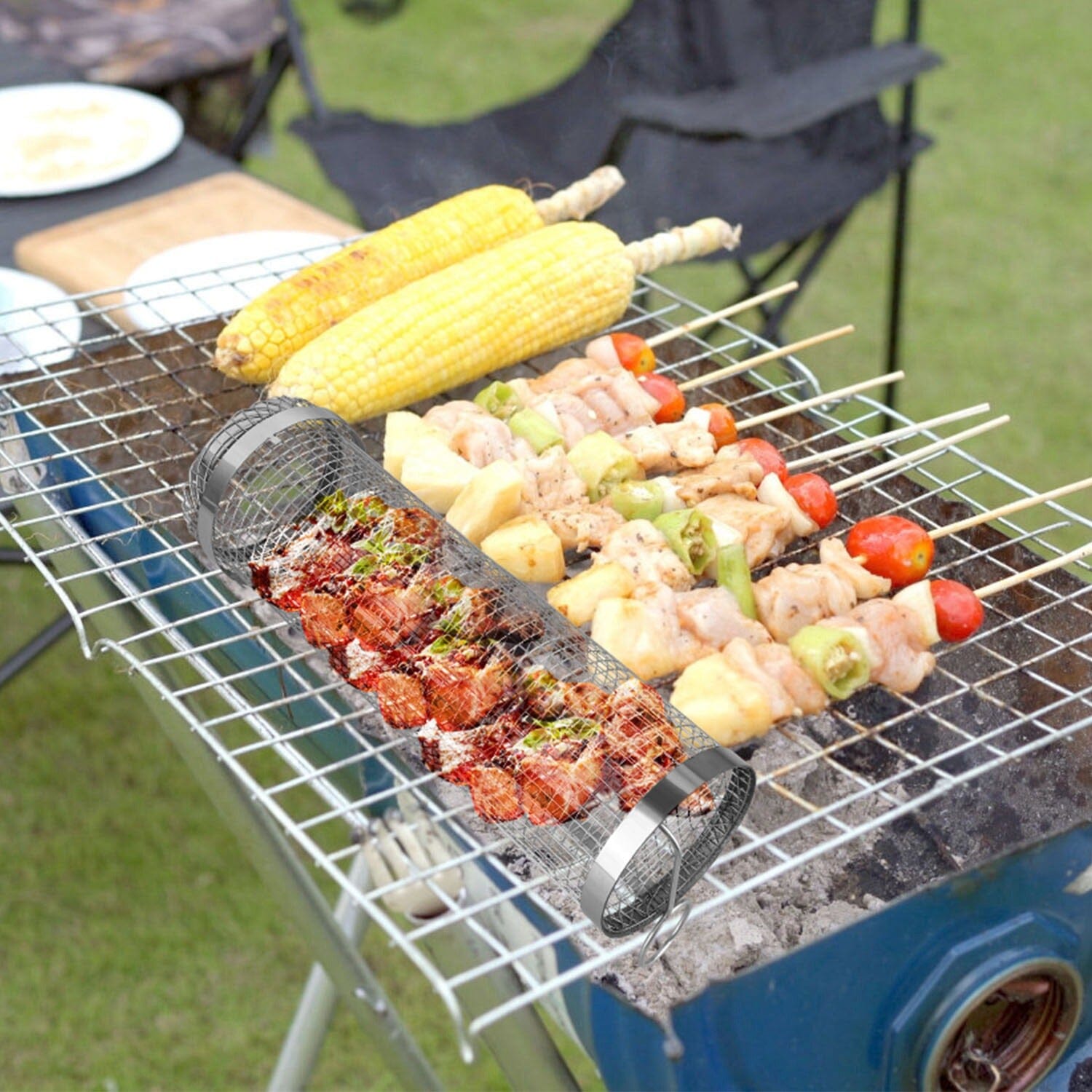 BowLift | 2-piece: Portable BBQ Rolling Basket Round Stainless Steel Grill