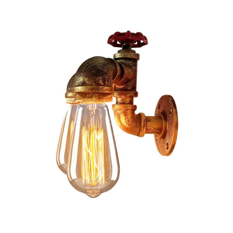 BowLift | Curved Pipe Metal Wall Lighting Factory 2 Heads Dining Room Wall Lamp Sconces in Rust with Valve Decoration