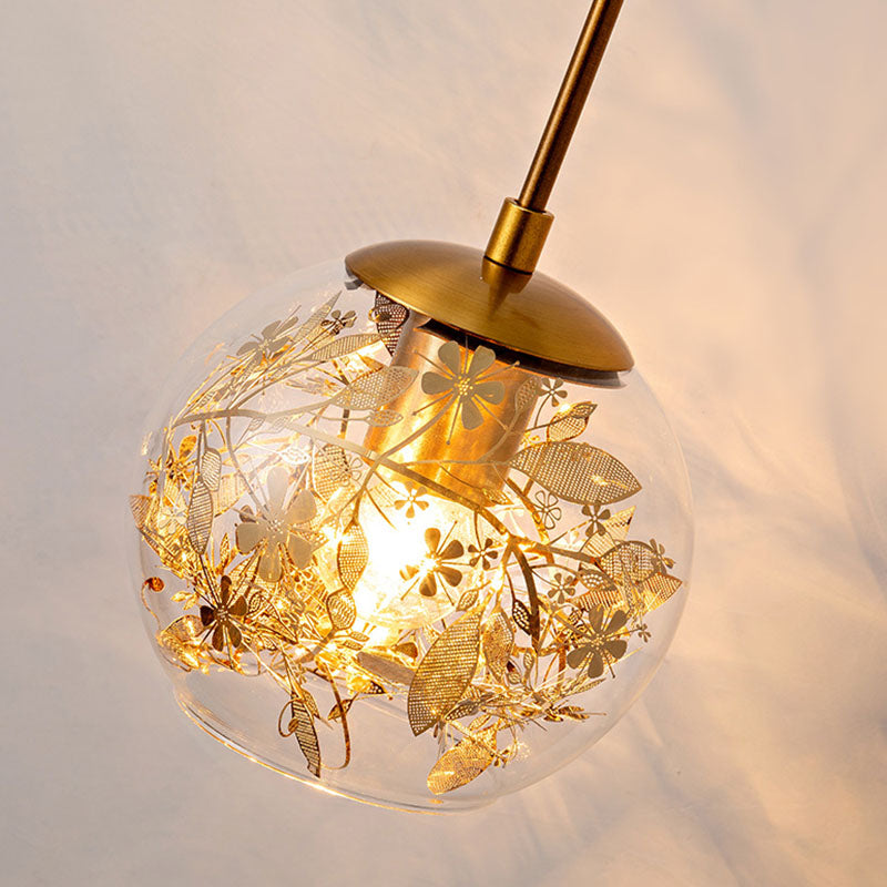 BowLift | Clear Glass Bubble Wall Lamp Contemporary 1-Light Wall Mounted Lamp with Foil Flower Decor