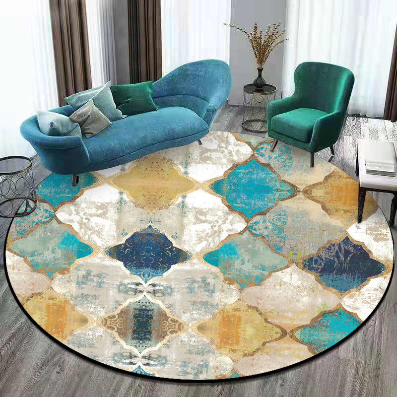 BowLift | Worn Blue-Yellow Moroccan Carpet Polypropylene Quadrifolium Pattern Carpet Non-Slip Backing Pet Friendly Stain Resistant Carpet for Room