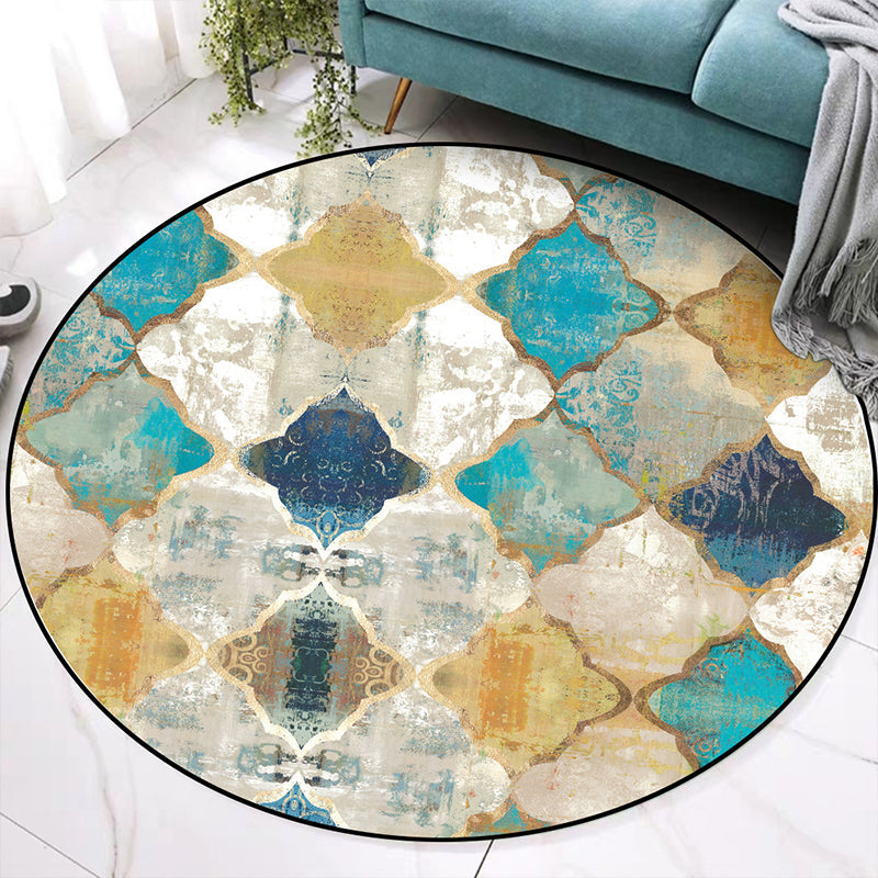 BowLift | Worn Blue-Yellow Moroccan Carpet Polypropylene Quadrifolium Pattern Carpet Non-Slip Backing Pet Friendly Stain Resistant Carpet for Room
