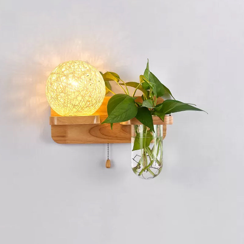 BowLift | Ball-shaped Nightstand Lamp Rattan 1-Light Modern Wall Lamp with Pull Switch in Wood