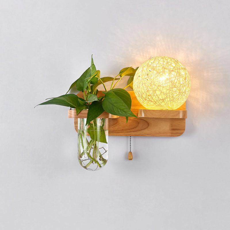 BowLift | Ball-shaped Nightstand Lamp Rattan 1-Light Modern Wall Lamp with Pull Switch in Wood
