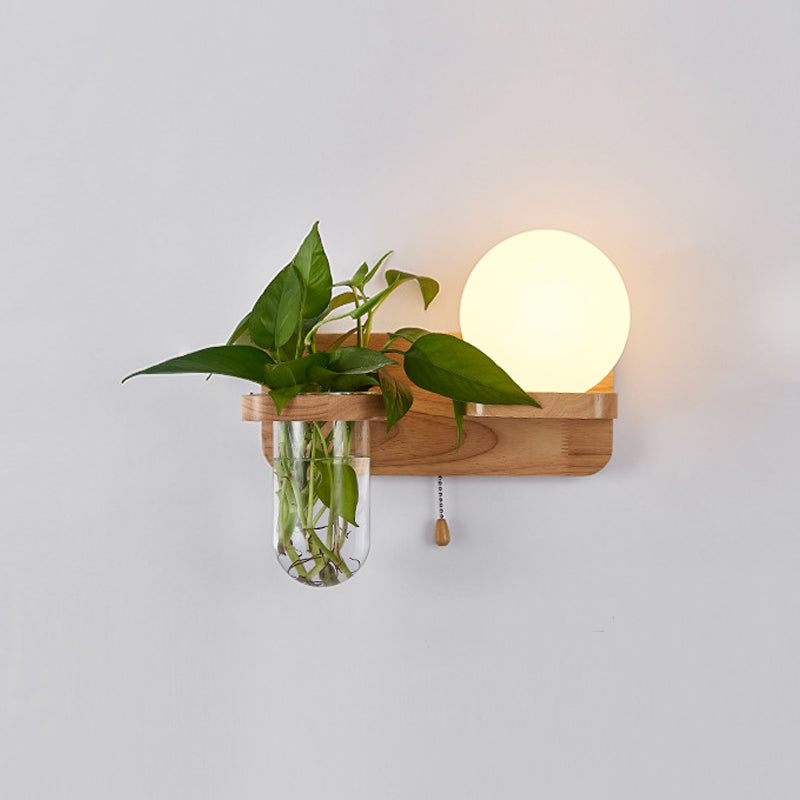 BowLift | Geometric Pull Chain Wall Light Simplicity White Glass Single Hall Wall Mounted Lamp in Wood