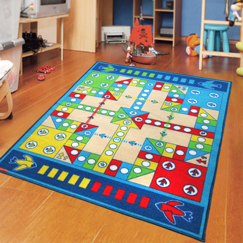 BowLift | Playable Child Rug blue Airplane Chess Game Rug Non-Slip Backing Pet Friendly Stain Resistant Carpet for Preschool