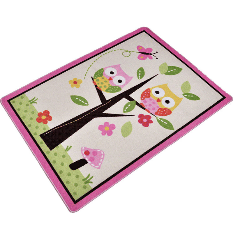 BowLift | Pink Owl Drawing Print Carpet Polyester Cartoon Carpet Anti-Slip Bottom Machine Washable Pet Friendly Area Rug for Kids Room
