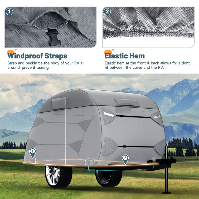 BowLift | 12'-15' Teardrop Trailer Cover 7 Layers Camper Cover Waterproof Travel Trailer Cover with Windproof Strap