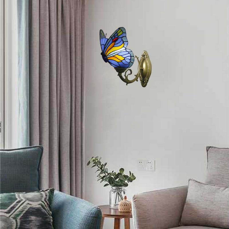 BowLift | Colored Glass Butterfly Wall Lamp Country Style 1 Light Wall Mount Lighting in Red/Blue