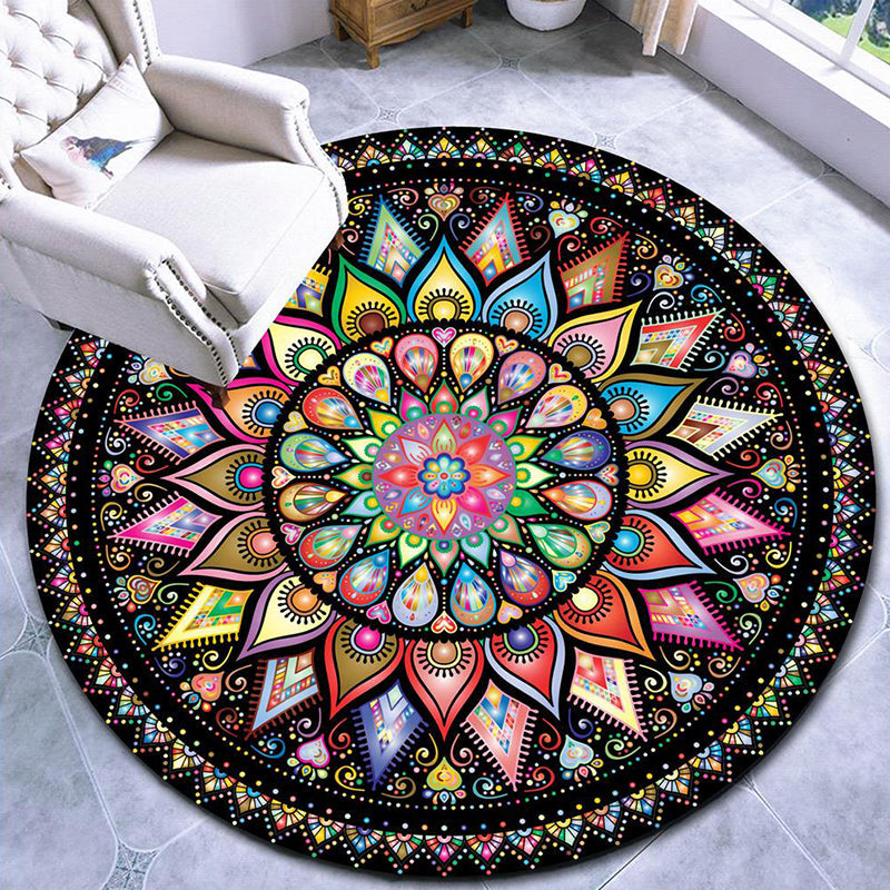 BowLift | Beautiful mandala patterned rug Multicolored Moroccan area rug Polyester pet friendly stain resistant non-slip backing rug for tea room