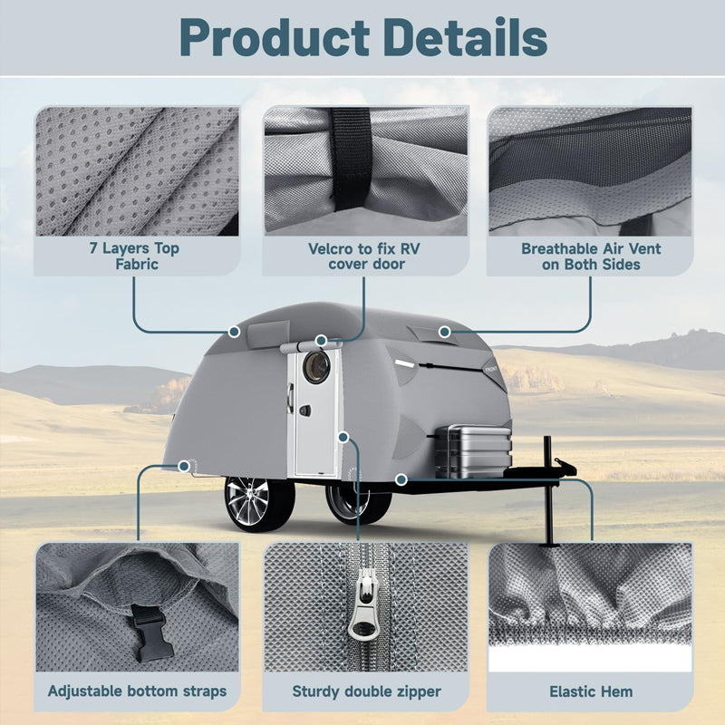 BowLift | 12'-15' Teardrop Trailer Cover 7 Layers Camper Cover Waterproof Travel Trailer Cover with Windproof Strap