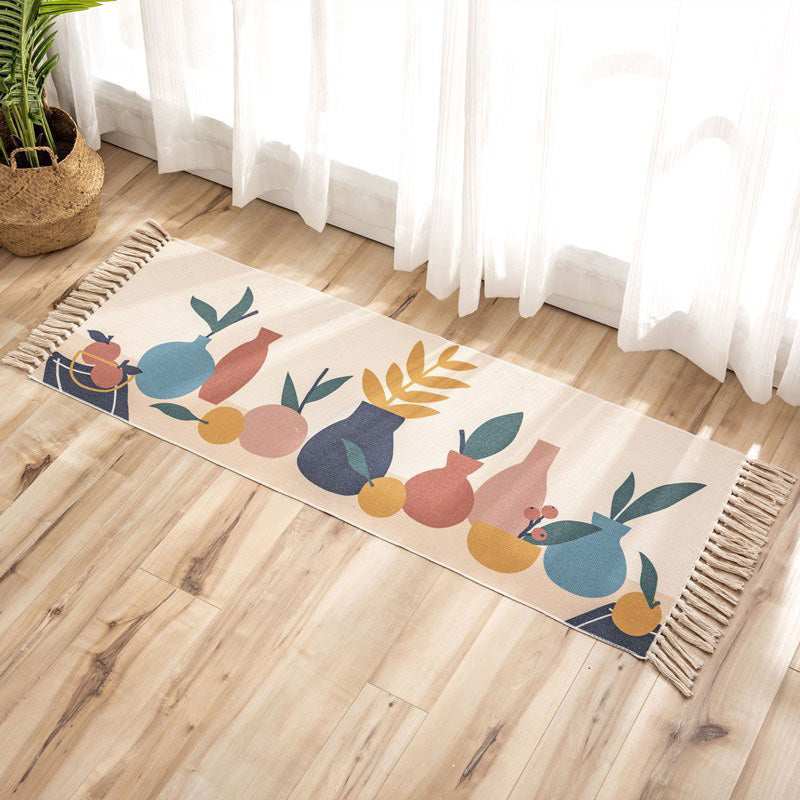 BowLift | Classic geometric printed rug Multicolored cotton blend rug easy to maintain washable rug with fringes for the bedroom