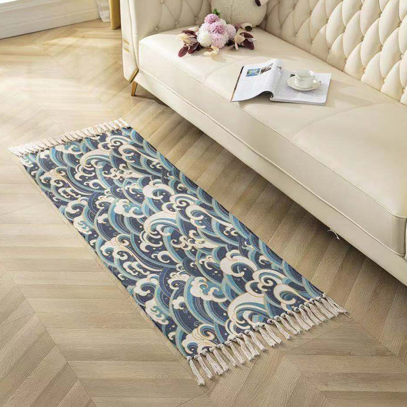 BowLift | Classic geometric printed rug Multicolored cotton blend rug easy to maintain washable rug with fringes for the bedroom