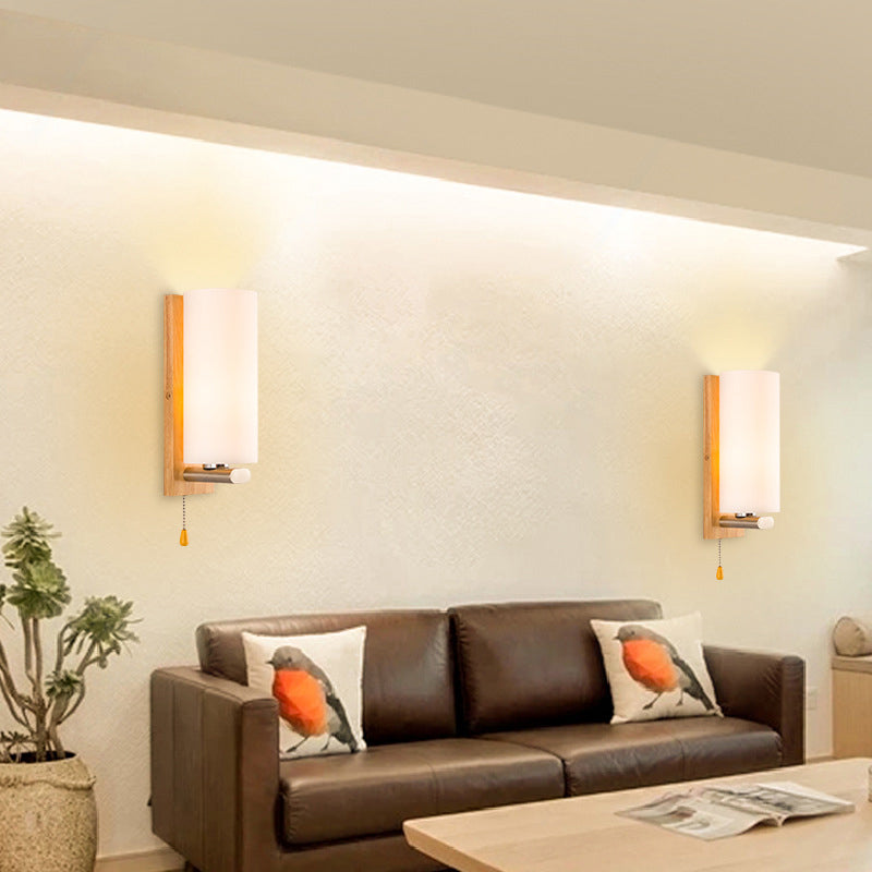 BowLift | Cylindrical Night Wall Light White Glass Single Simplicity Wall Lamp Lighting with Pull Chain