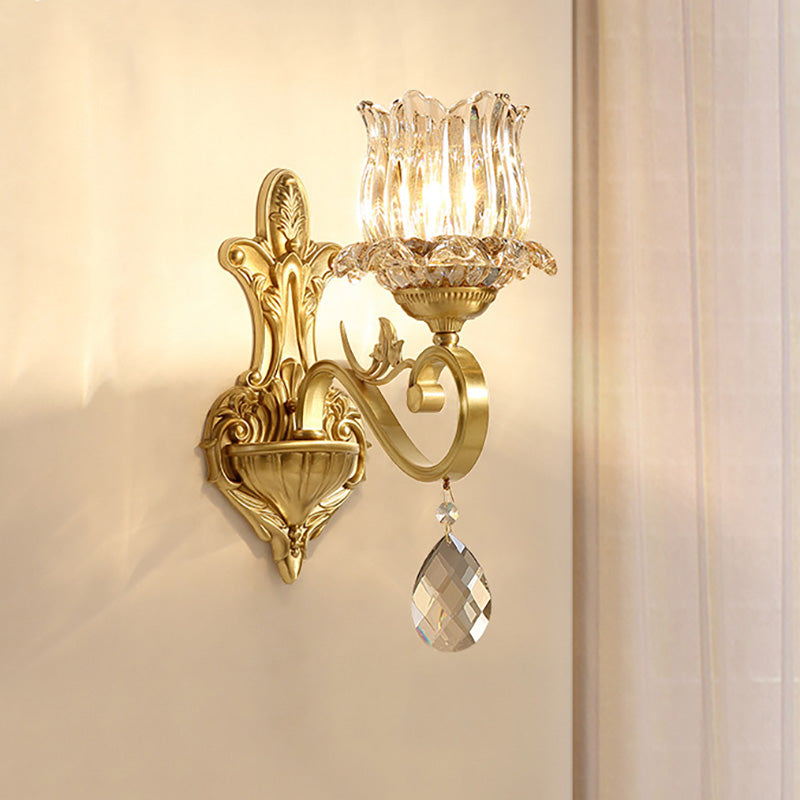 BowLift | Clear Crystal Flower Wall Lights Contemporary 1-Light Wall Sconce with Carved Arm in Gold for Hallway