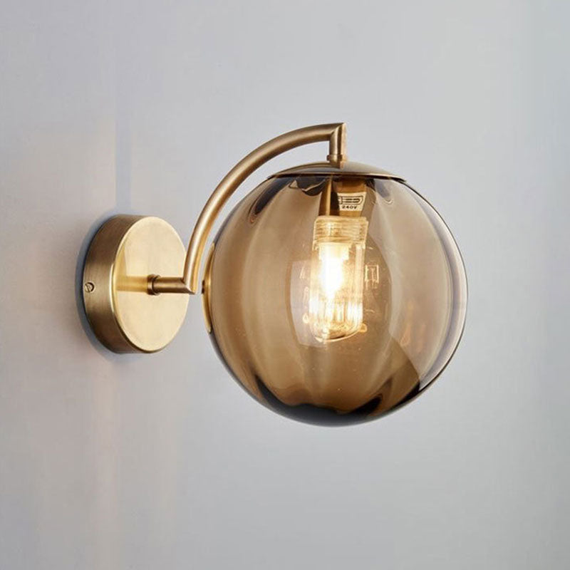 BowLift | 1-Bulb Nightstand Wall Light Simple Gold Finish Wall Light with Ball Ribbed Glass Shade