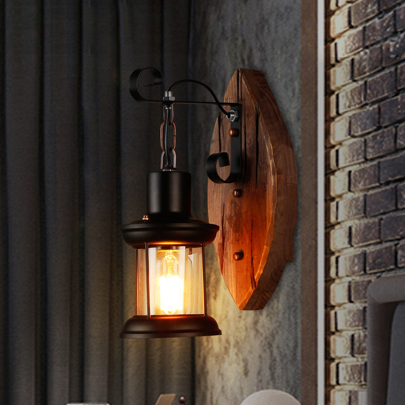 BowLift | 1-Bulb Lantern Wall Light Coastal Wood and Black Clear Glass Wall Lamp for Hallway