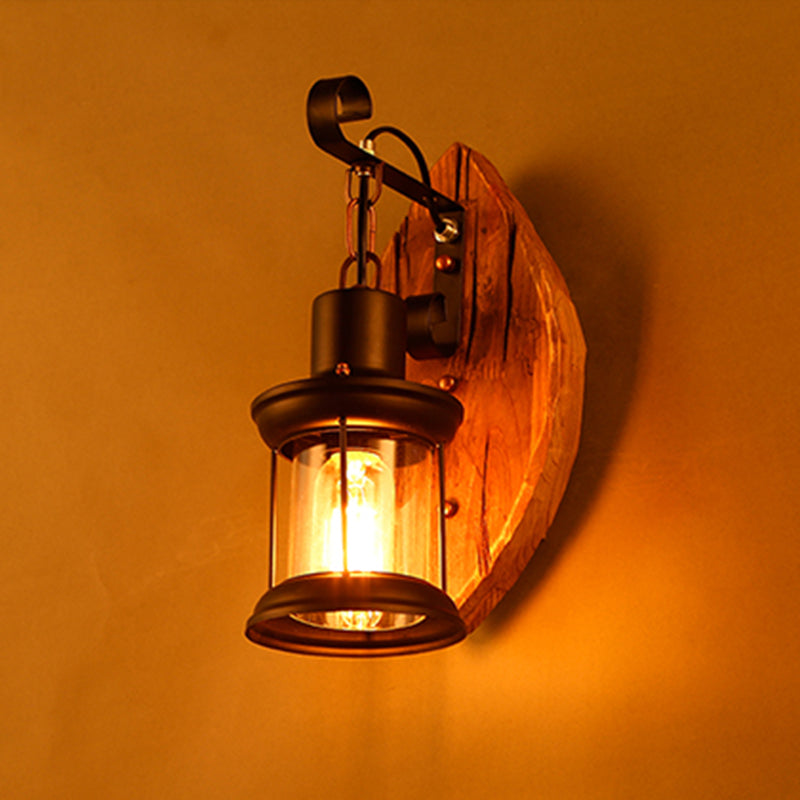 BowLift | 1-Bulb Lantern Wall Light Coastal Wood and Black Clear Glass Wall Lamp for Hallway