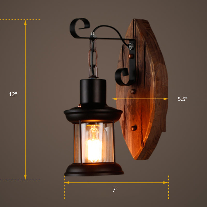 BowLift | 1-Bulb Lantern Wall Light Coastal Wood and Black Clear Glass Wall Lamp for Hallway