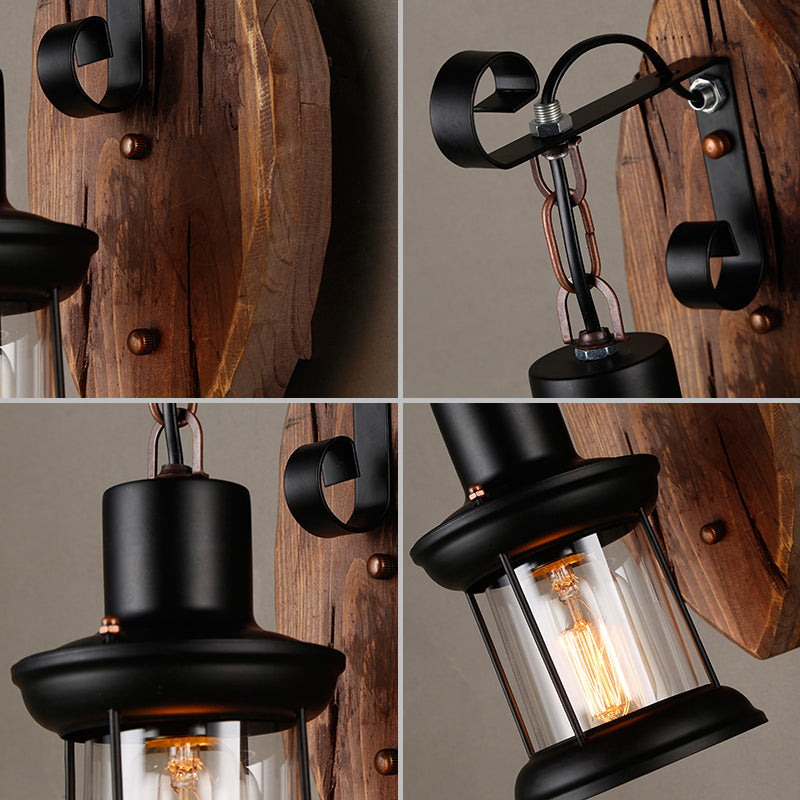 BowLift | 1-Bulb Lantern Wall Light Coastal Wood and Black Clear Glass Wall Lamp for Hallway