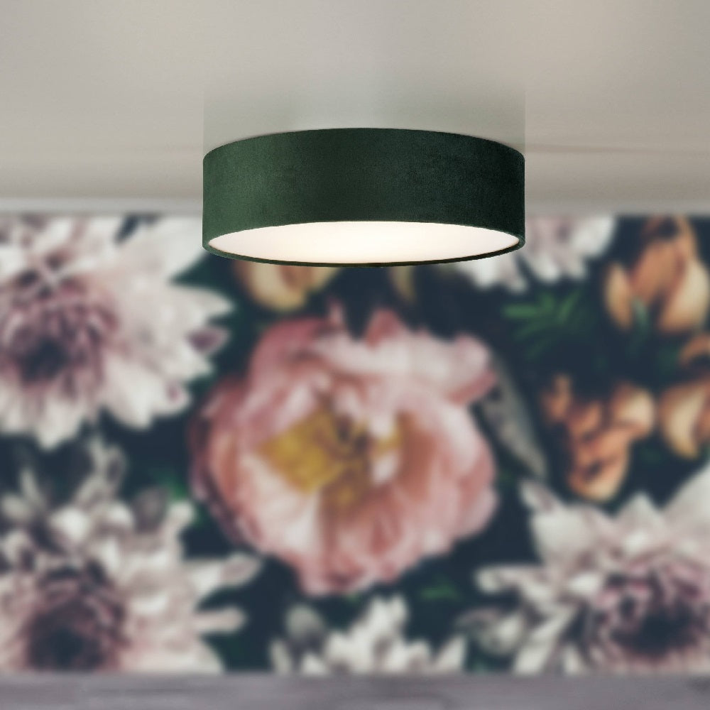 BowLift | Green Velvet & Opal Diffuser Vintage Round Flush Drum Light 38cm