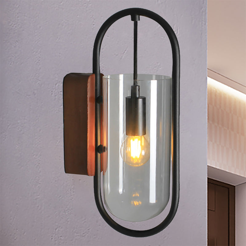 BowLift | Black Cylinder Wall Light Industrial 1 Light Clear/Amber Glass Wall Mount Light