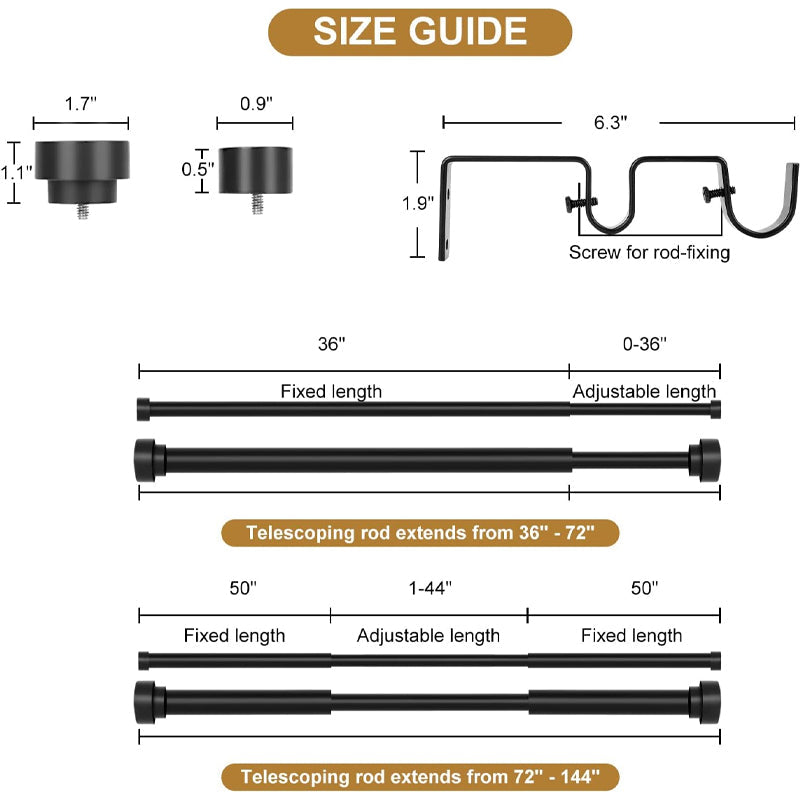 BowLift | 1 Inch Double Curtain Rods for Windows 36 to 72 Inch Matte Black Double Drapery Rod Set