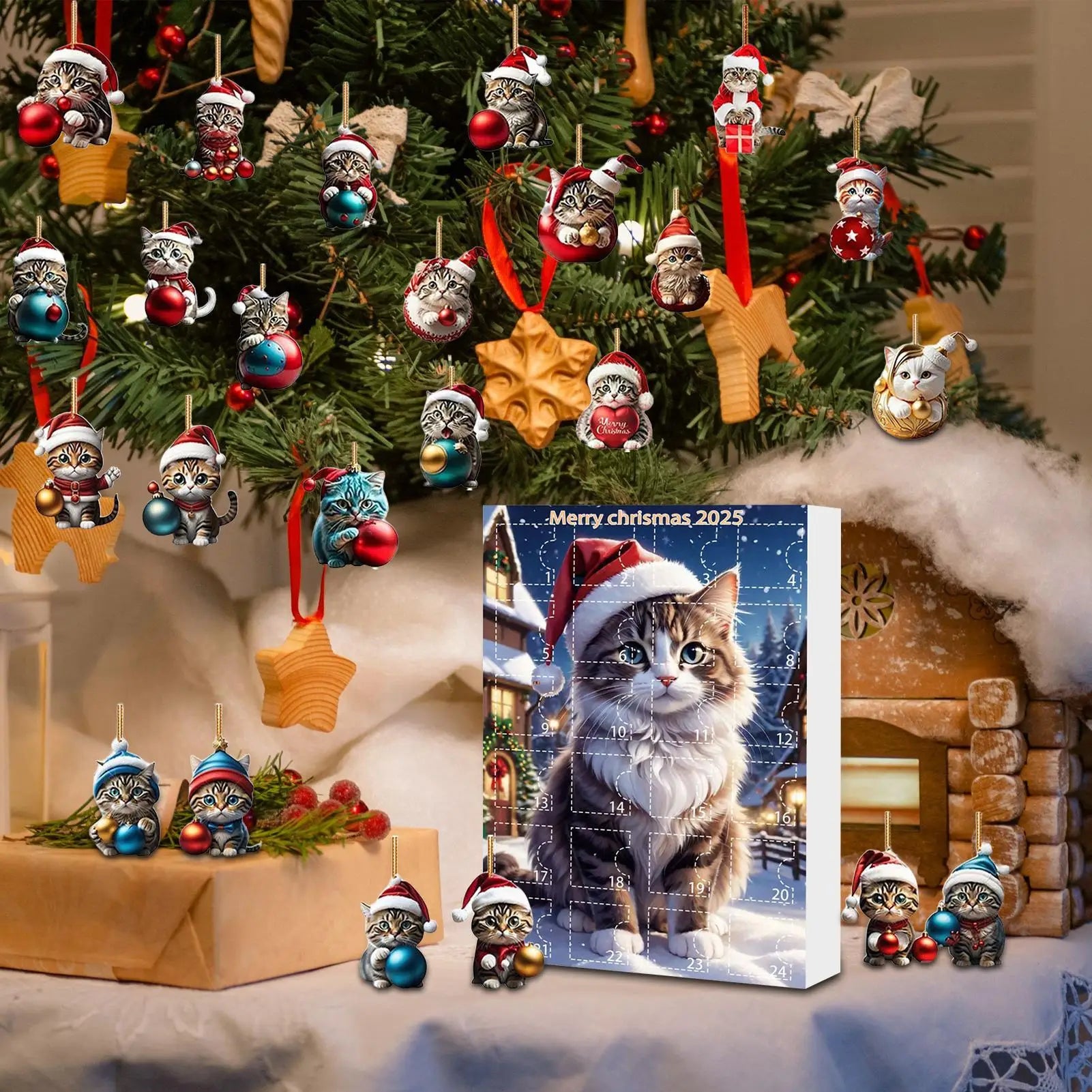 BowLift | 24-piece Cat Christmas Ornaments Set of Durable Acrylic for Advent Calendar Decoration