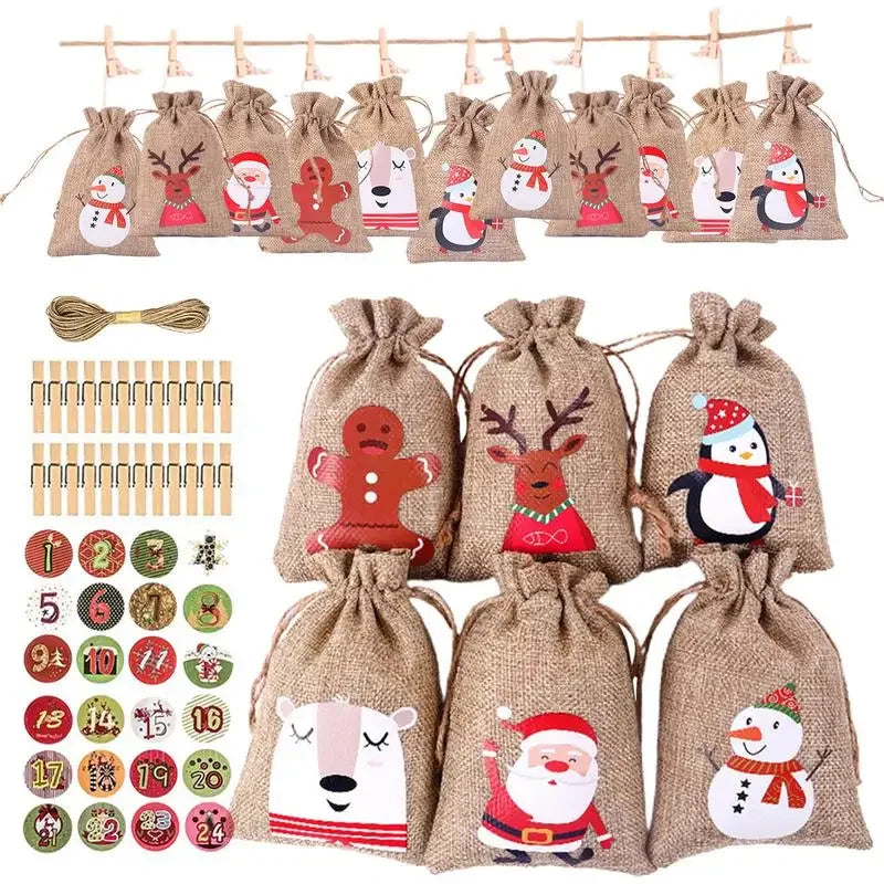 BowLift | HollyTime Adventskalender Set – 24 herbruikbare cadeauzakken met stickers, clips & touw