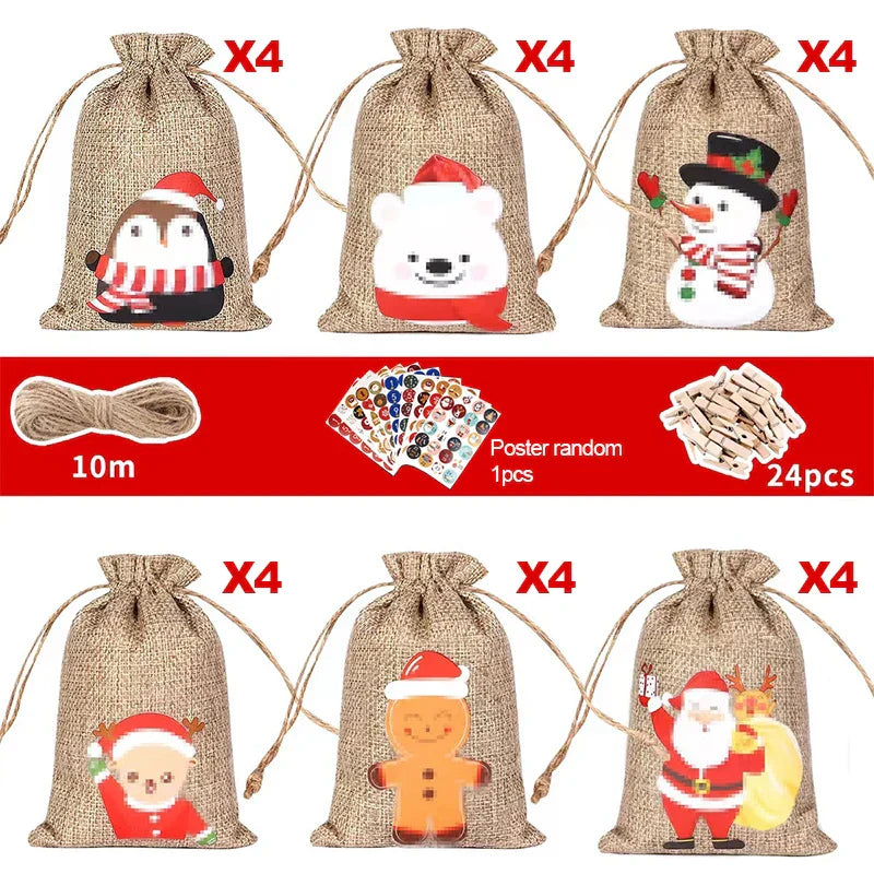 BowLift | HollyTime Adventskalender Set – 24 herbruikbare cadeauzakken met stickers, clips & touw