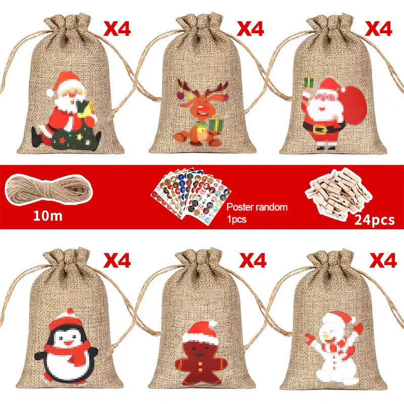 BowLift | HollyTime Adventskalender Set – 24 herbruikbare cadeauzakken met stickers, clips & touw