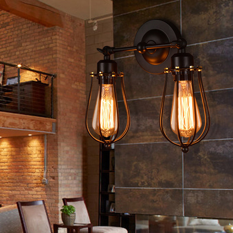 BowLift | Pear-shaped cage iron wall lamp industrial bedroom adjustable reading wall light in black