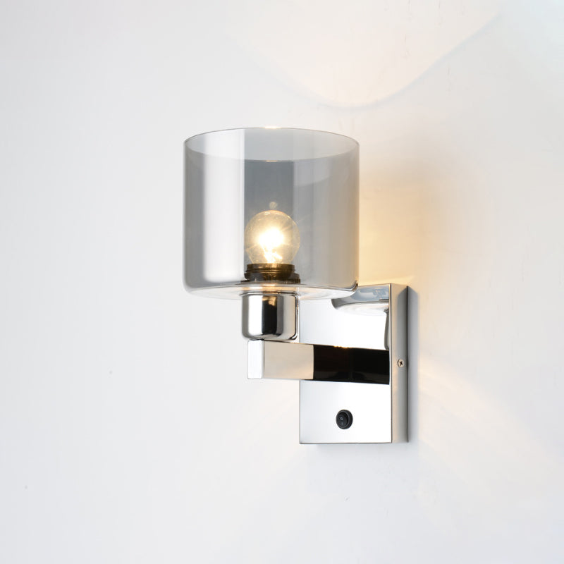BowLift | Cylindrical gray glass wall lamp modernist 1 light chrome wall light with 1 switch/2 switches/no switch