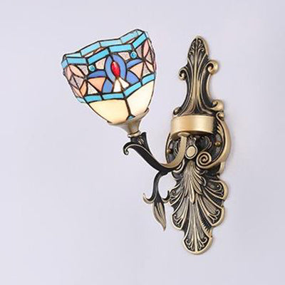 BowLift | Stained Glass Wall Lighting with Baroque/Flower/Gem/Magnolia Pattern Tiffany 1 Light Indoor Wall Lamp in Blue
