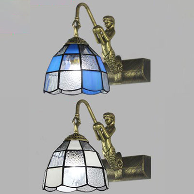 BowLift | 1 Head Dome Vanity Wall Light Tiffany White/Blue Glass Wall Mounted Light with Mermaid Backplate