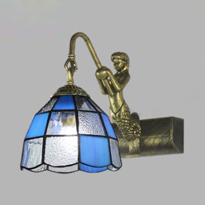BowLift | 1 Head Dome Vanity Wall Light Tiffany White/Blue Glass Wall Mounted Light with Mermaid Backplate