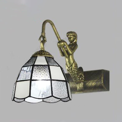 BowLift | 1 Head Dome Vanity Wall Light Tiffany White/Blue Glass Wall Mounted Light with Mermaid Backplate