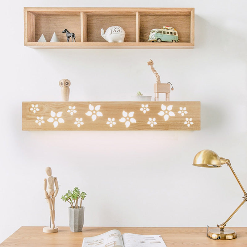 BowLift | Wood Cutouts Flower Wall Lamp Japanese Style Beige LED Wall Light with Shelf Function