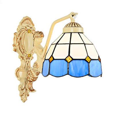 BowLift | 1 Light Wall Sconce Baroque Dome/Cone Beige Glass Wall Mount Lighting with Leaf/Stone/Flower Pattern