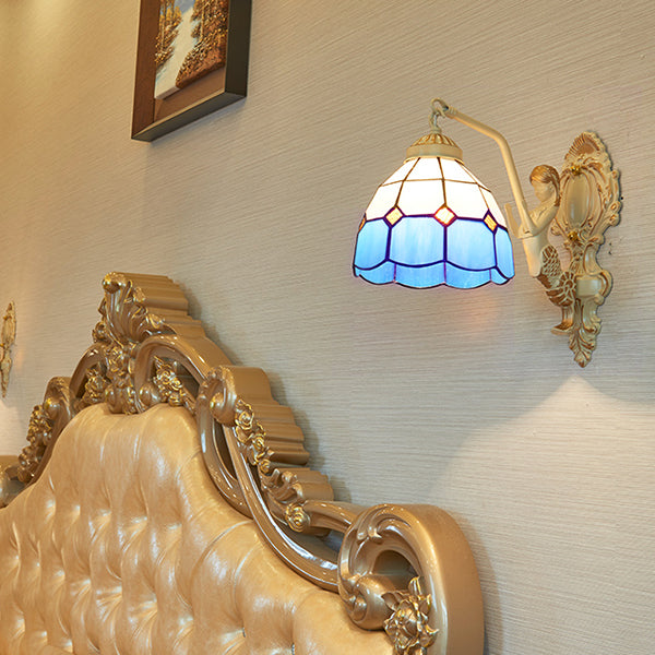 BowLift | 1 Light Wall Sconce Baroque Dome/Cone Beige Glass Wall Mount Lighting with Leaf/Stone/Flower Pattern