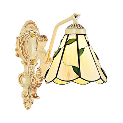 BowLift | 1 Light Wall Sconce Baroque Dome/Cone Beige Glass Wall Mount Lighting with Leaf/Stone/Flower Pattern