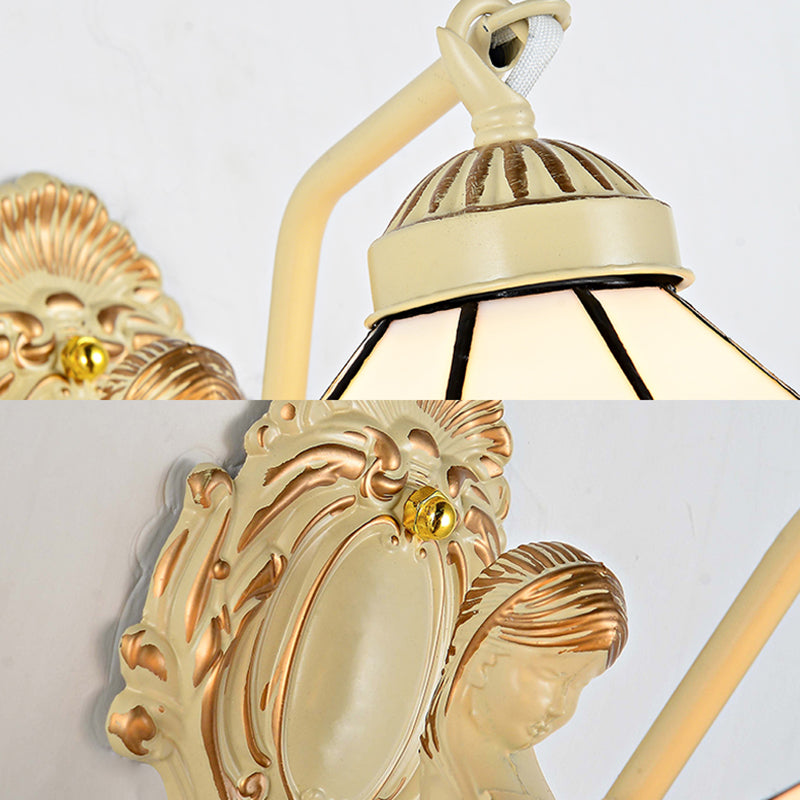 BowLift | 1 Light Wall Sconce Baroque Dome/Cone Beige Glass Wall Mount Lighting with Leaf/Stone/Flower Pattern