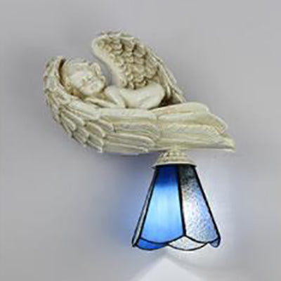 BowLift | Country Loft Angel Wall Lamp with Conical Shade 1 Light Resin Bedroom Lighting in White/Blue